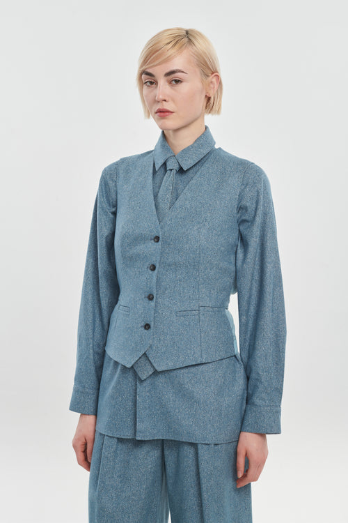 Light blue wool silk tweed tailored vest