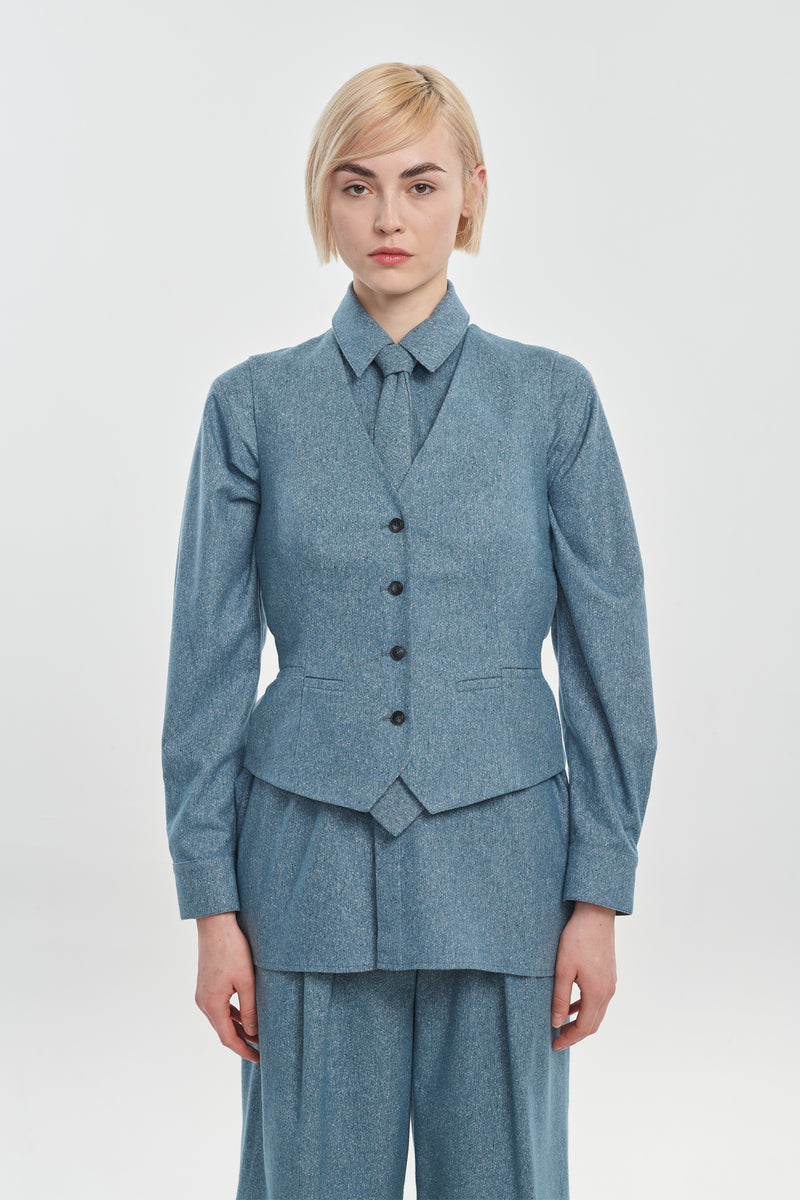 Light blue wool silk tweed tailored vest