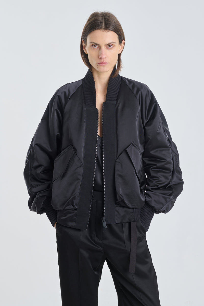 Black satin finish bomber jacket