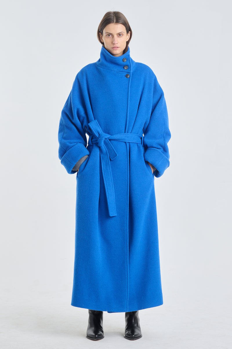 Blue chunky wool belted coat