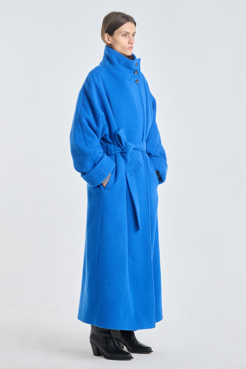 Blue chunky wool belted coat