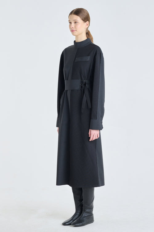 Black and dark grey wool midi dress