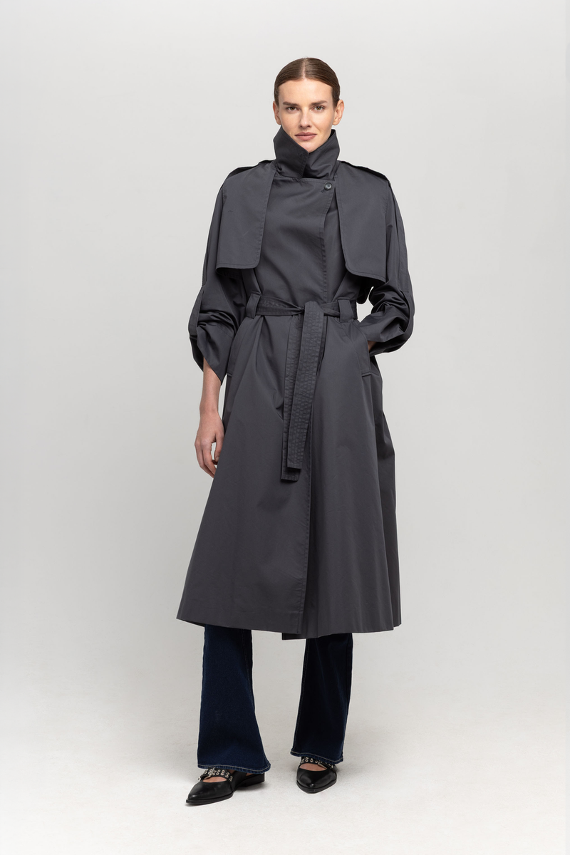 NEHERA ネヘラ ロングトレンチコート Dark grey long trench coat long with belt – NEHERA