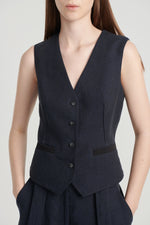 Navy linen semi fitted vest