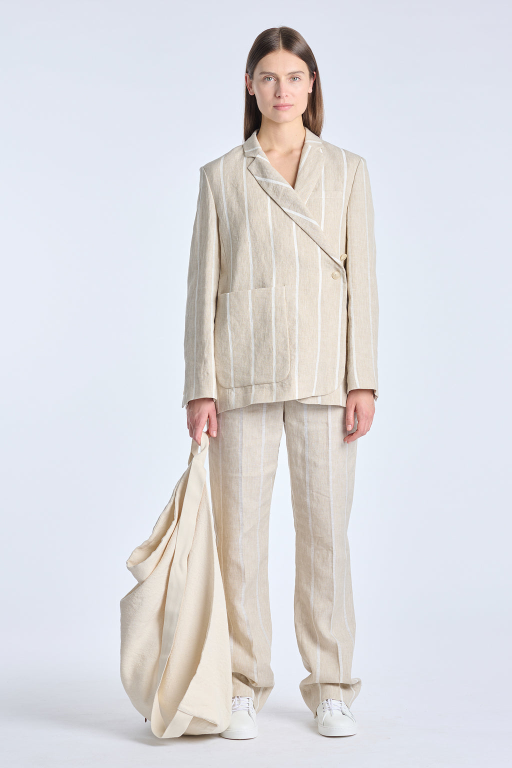 Beige striped linen asymmetric jacket – NEHERA