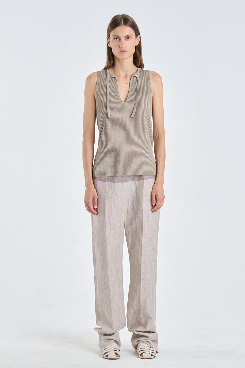 Dark beige linen viscose knitted tank top