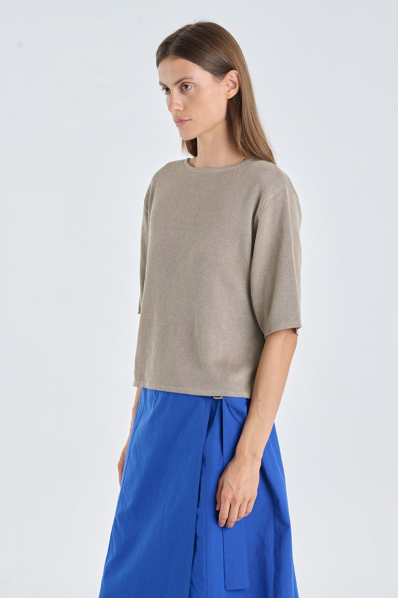 Dark beige linen viscose knitted t-shirt