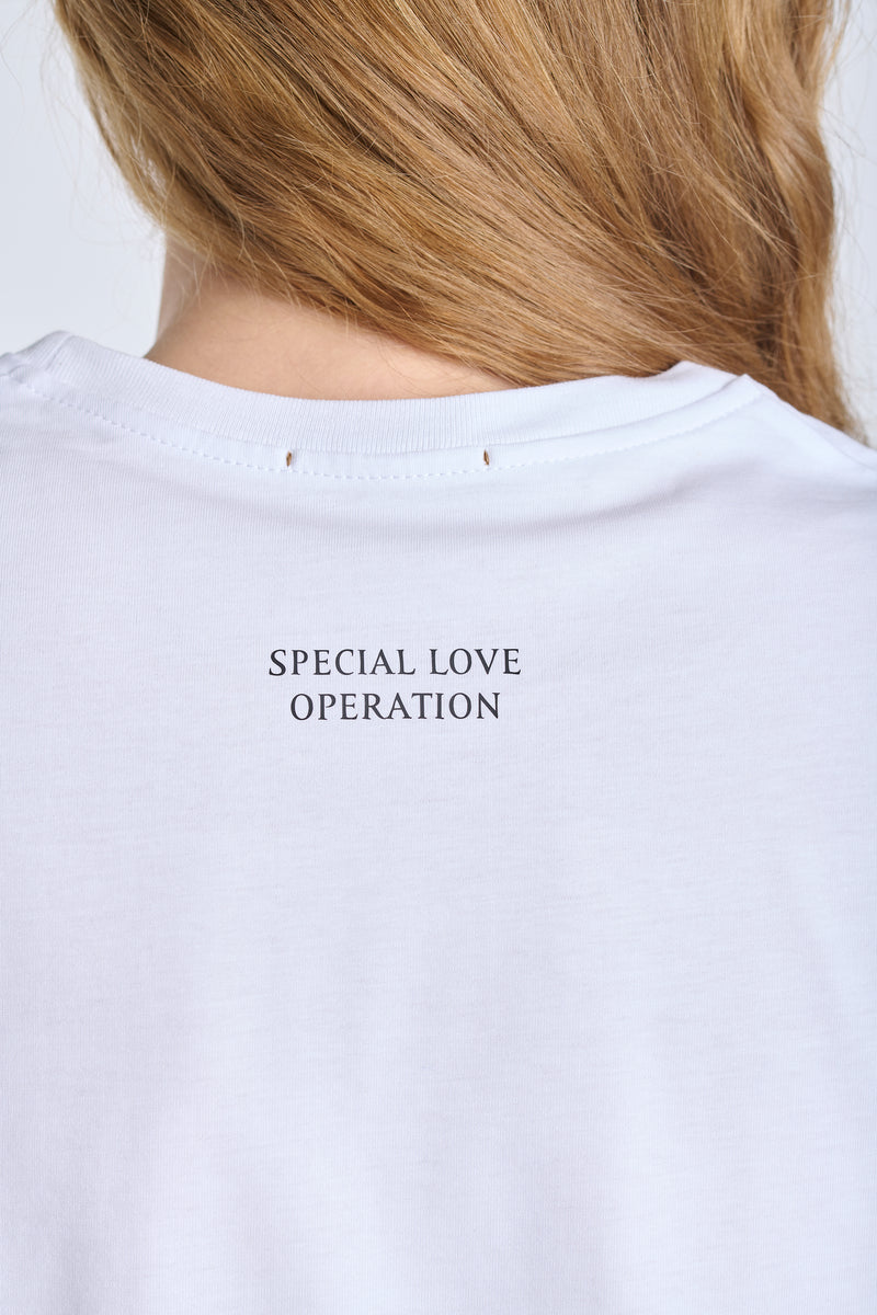 White cotton ''SPECIAL LOVE OPERATION'' jersey t-shirt