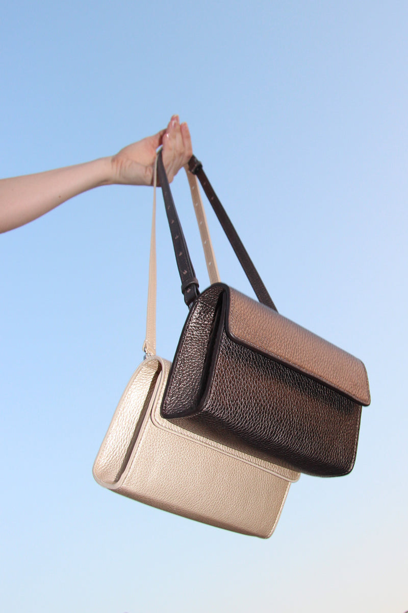 Dark bronze leather multi-strap bag